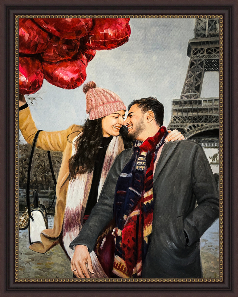 Oil painting of couple embracing near Eiffel Tower